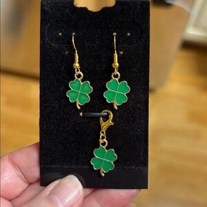 3pc set New handmade lucky Gold and Green Clover Earrings w matching charm